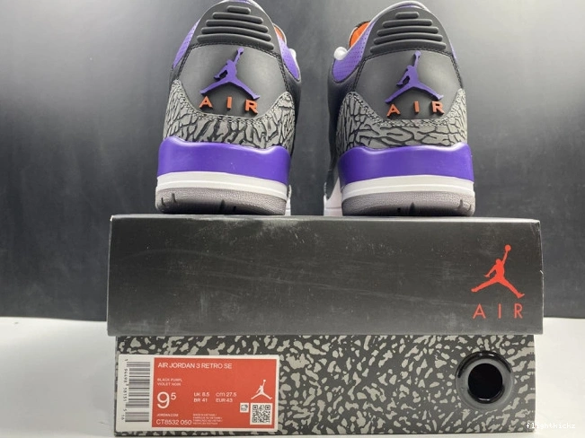 Black Retro Jordan 3 050 Court Air CT8532 Purple 1022